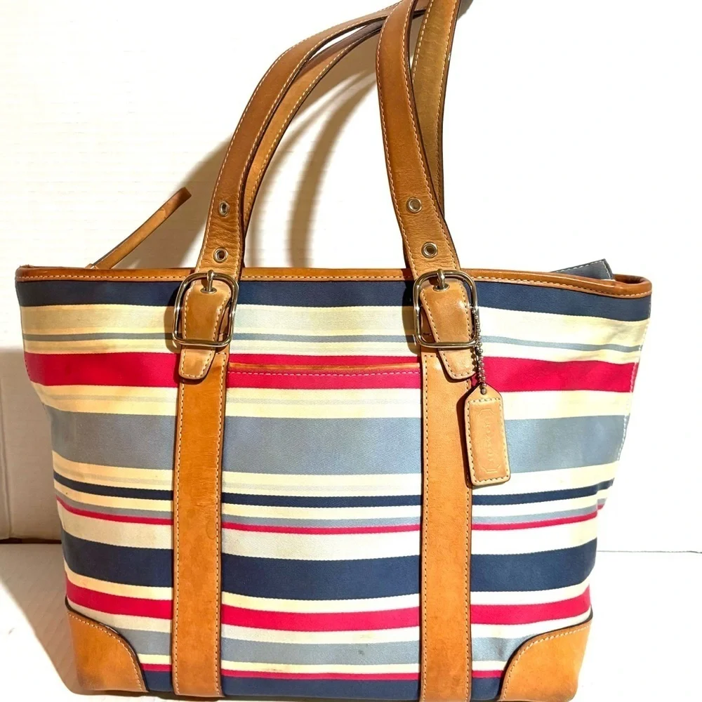 Coach Striped canvas/Leather Tote Bag